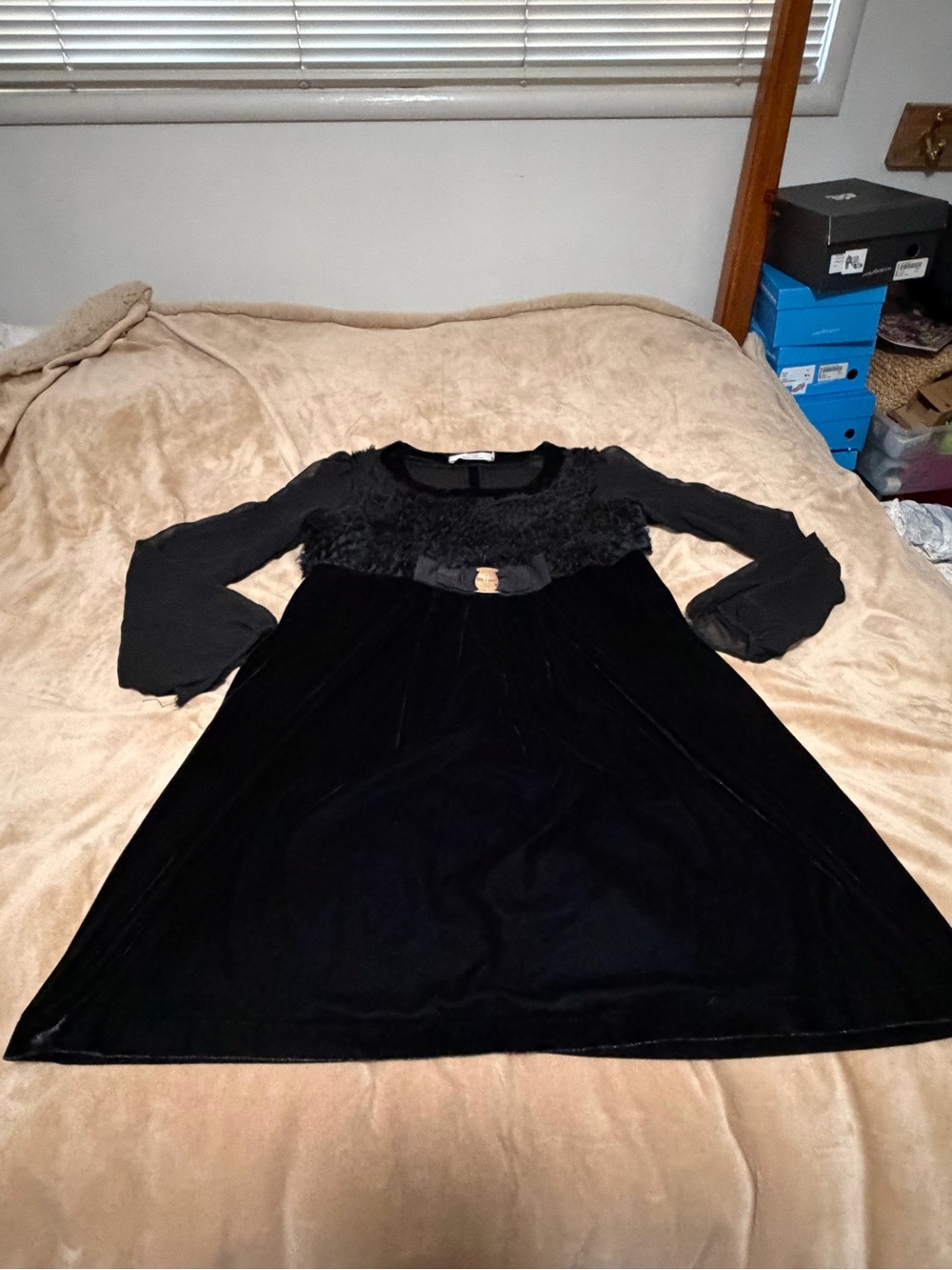Vintage Piana Black Velvet Bow Sheer Sleeve Dress Women’s M/L World Funeral